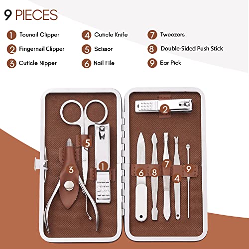 Manicure Set, FAMILIFE Professional Manicure Kit Nail Kit Mens Grooming Tools Pedicure Tool 9PCS Gifts for Men Boyfriend Stainless Steel Nail Clipper Set Leather Case Brown - color: Dark-brown