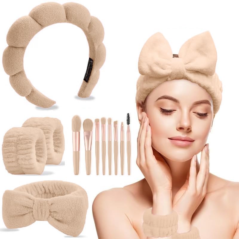 CAZYTOYZ Sponge Spa Headbands for Women Wristband Set Puffy Makeup Brush Headband Set for Washing Face Soft Towel Skin Care Head Band Cute Hair Band Shower - color: Khaki