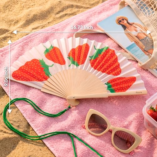 Fisura – Original Folding Fan with Strawberry Print. Colorful Wooden Folding Fan in red with Strap Included. Fun Gift idea for Travel Beach Days or Summer Events. 16.7 x 9 in. - color: Strawberries, Red