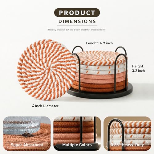 Lazebox Coasters Set of 8 for Drinks, 4 Inch Large Coasters for Coffee Table, Tabletop Protection for Hot & Cold Drinks, Versatile Coasters for Home Decor, Non-Slip & Easy to Clean, Orange - color: Orange
