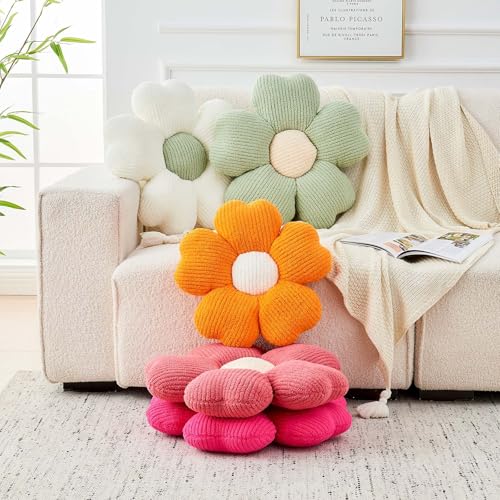 Kcvvcr Flower Throw Pillow, Cute Flower Shaped Pillow Decorative Throw Pillow for Bed Couch, Soft Daisy Pillows Floor Seating Cushion Cushions (14.9 Inch White+Green) - color: White+green, size: 14.9 Inch