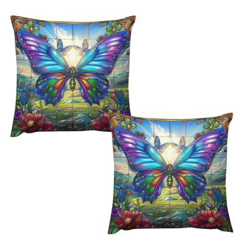Butterfly Stained Glass Pillow Covers Colorful Flower Butterfly Floral Vintage Home Decor Sofa Bedroom Cushion Outdoor Indoor Decorations 16 "x16 - color: Butterfly-2, size: 16" x 16" (Pack of 2)