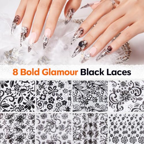 Modelones 20 Rolls Lace Nail Foil Transfer Aurora Flower Nail Art Stickers - color: White Black Aurora
