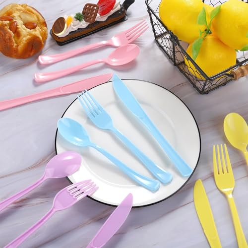 Kochorie 300 Pcs Pastel Plastic Silverware, Heavy Duty Plastic Cutlery Set - color: Macaron