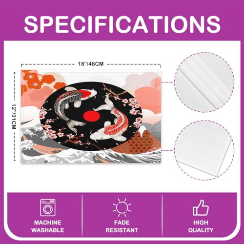 Feelyou Japanese Koi Fish Placemats Set Set of 4 18"x12" - color: Red Black Grey