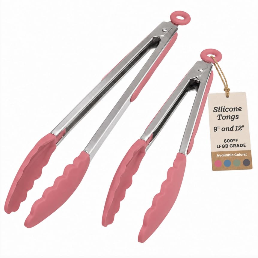 Starpack Get a Grip Silicone Kitchen Tongs (2-Pack, 9" + 12") - LFGB Non Toxic, 600°F Heat Resistant, BPA-Free - Heavy-Duty Stainless Steel, Locking - Dishwasher Safe for Nonstick Cookware - color: Earthy Pink, size: Set of 2 (9" & 12")
