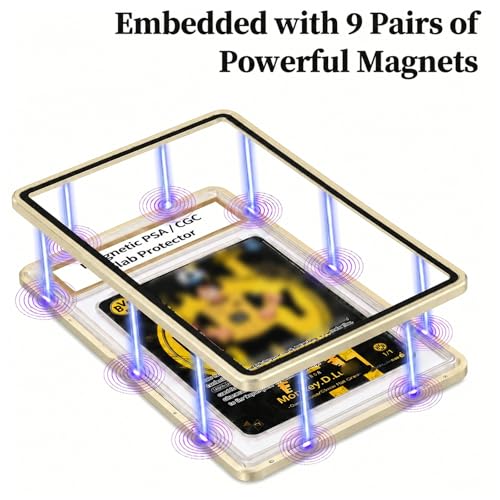 Magnetic PSA/CGC Slab Protector with Foldable Kickstand - UV Protection Tempered Glass & Aluminum Metal Bumper for 35PT PSA CGC CSG AGS, 9-Point Secure Lock Display Guard & Clear View (Gold) - color: Light Gold, size: PSA Card Case