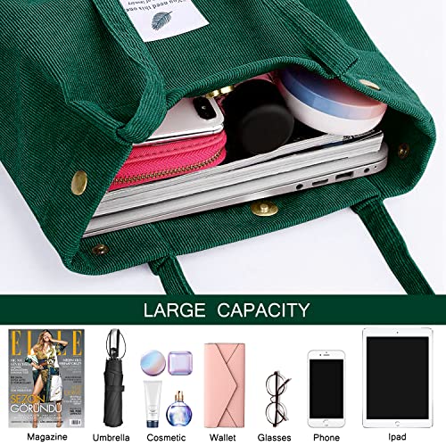 Ayieyill Corduroy Tote Bag for Women Canvas Shoulder Cord Purse with Inner Pocket - color: Green