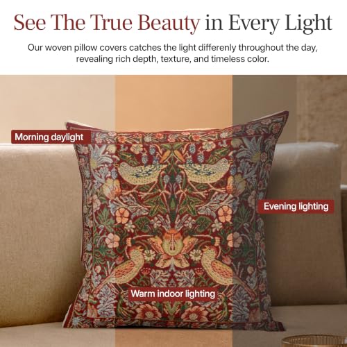 William Morris Strawberry Red Tapestry Throw Pillow Cover 16 x 16 in - color: Strawberry Red