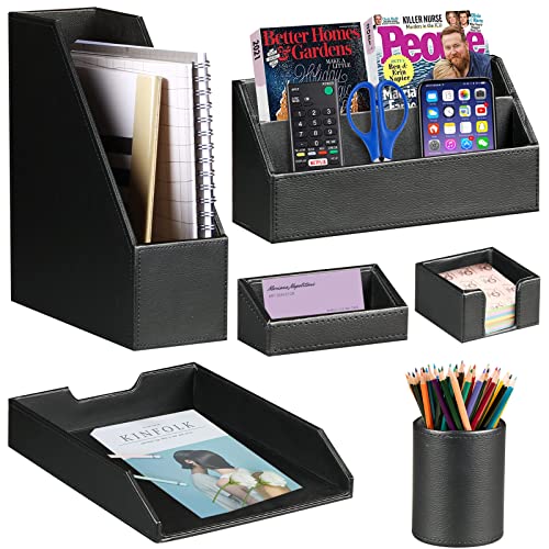 Ayunga PU Leather 6-piece Office Supplies Combination Set,Pencil Cup,Business Card Holder,Sticky Note Dispenser,Mail Sorter,Letter Tray,Files Holder,Suitable for Self-use and Friend Gifts(Black) - color: Black