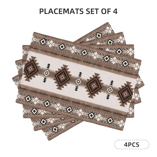 Brown Aztec Placemats Set of 4, Linen Washable Table Mats 12 x 18 Inch, Southwestern Diamond Place Mats for Dining Table Kitchen Rustic Boho Western Decor - color: Brown Aztec, size: 12x18"Placemats x4