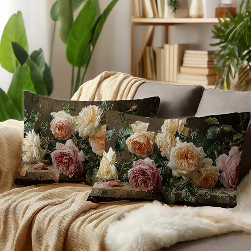 Vintage Floral Rectangle Pillow Throw Cover 20x12 Decor, Shabby Chic Rustic Cottagecore Decorative Throw Pillow Covers Double-Sided Set of 2 - color: A-rose-7, size: 20" x 12" (Pack of 1)