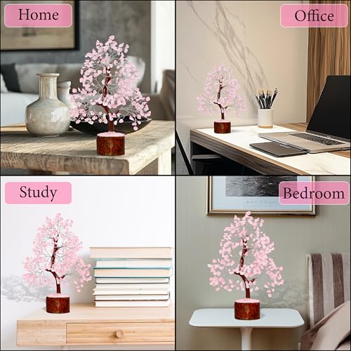 ZENFULSTONE Rose Quartz Crystal Tree of Life for Love & Healing Décor for Home and Office | Handmade Bonsai for Emotional Support & Harmony as Symbol of Piece for Loved Ones - color: Rose Quartz Silver Wire