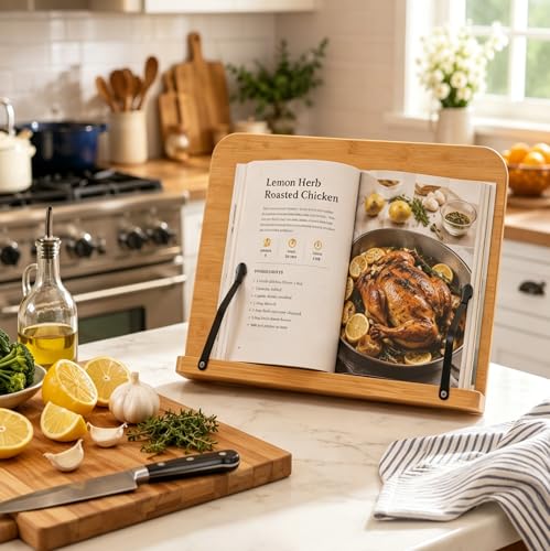 Adjustable Cookbook Stand for Your Kitchen Counter - Solid Wood, Fits iPad
