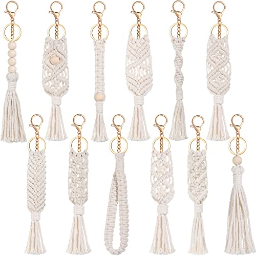 Junkin Macrame Boho Keychains Bulk Handcrafted Aesthetic Key Chain with Tassel for Women Car Key Purse Wallet Beige