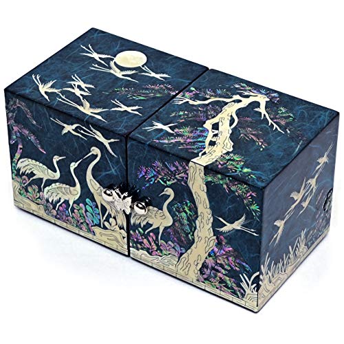 MADDesign Mother of Pearl Twin Cubes Jewelry Box Crane Pine Tree Blue - color: Blue