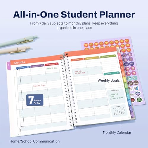 Student Planner 2026-2027, SUNEE Middle or High School Datebooks Student Planner for Academic Year Jul. 2026 - Jun. 2027, 6.5" x 8.3" Lesson Plan Book with Bookmark, Planning Stickers, Academic Color - color: Academic Color, size: A5 6.5"×8.3"