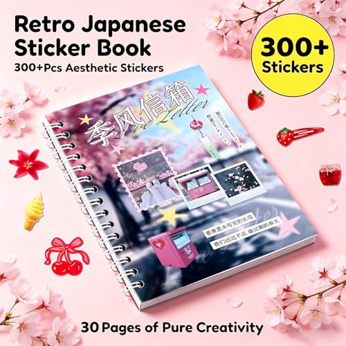 Tmtains 30 Sheets Japanese Sticker Book for Scrapbook 300+Pcs Heisei Retro Vintage Korean Stickers for Journaling Aesthetic Japanese Sticker Book for Adults DIY Junk Journal Gifts (Monsoon Postbox) - color: Ao-cherry Blossom Pink