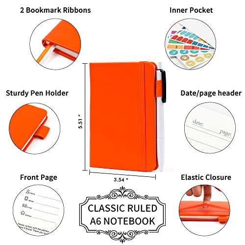 feela 6 Pack Pocket Mini Notebooks Bulk, Small Cute Memo Notepads Hardcover College Ruled Lined Journals with Pen Holder for School Business Work, with 6 Black Pens, 3.5”x 5.5”, A6, Orange - color: 6 Orange