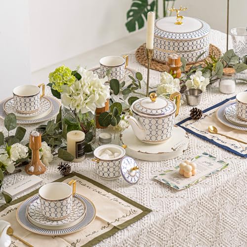 CwlwGO- Bone China Tea Cup Sets,15-Pieces Tea Cup and Saucer Set Service For 4 Whit 28 Ounces Teapot,Sugar Bowl,Creamer Pitcher and Spoons, Tea Gifts Sets For Women Patry. - color: Gold and white