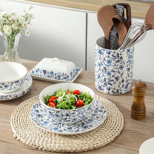 Large Soup Bowls Set of 2, Vintage Blue and White Floral Bowls,7 inch - color: White 1