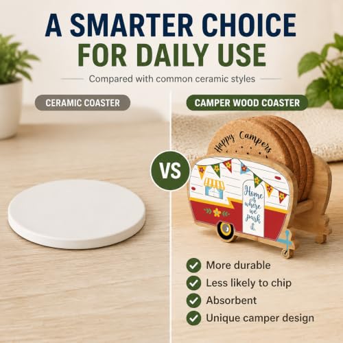 Unique Happy Camper RV Coasters Set of 4 with Holder - color: New Red