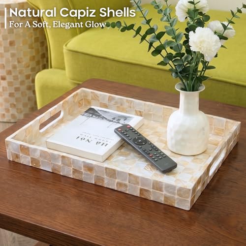 CHI AN HOME 16"x12" Capiz Shell Decorative Serving Tray with Handles, Ivory - color: Ivory