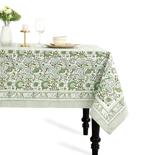CPC Agate Green Block Print 100% Cotton Rectangle Tablecloth 52x70 Inch - color: Agate Green, size: 70" x 52" (Rectangular)