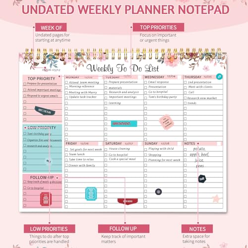 Thboxes Weekly To Do List Notepad, 8.5"x11" Desk Planner 52 Sheets, Pink - color: Pink Weekly To Do List