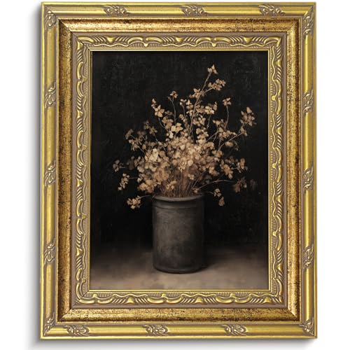 Vodefoad Vintage Floral Gold Framed Wall Art, Moody Fall Dried Flowers Vase Wall Painting, Retro Rustic Botonical Still Life Fall Wall Decor, Dark Moody Wall Art, Antique Still Life Wall Art Artwork Pictures for Gallery Bedroom Kitchen Office Living Room