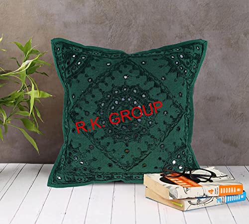 Indian Handmade Decorative Square Throw Pillow Covers Mirror Embroidery Work Thread Work Cushion Case for Sofa Bedroom Car (Size : 16 X 16 Color : Dark Green) - color: Dark Green, size: 16" x 16" (Pack of 1)