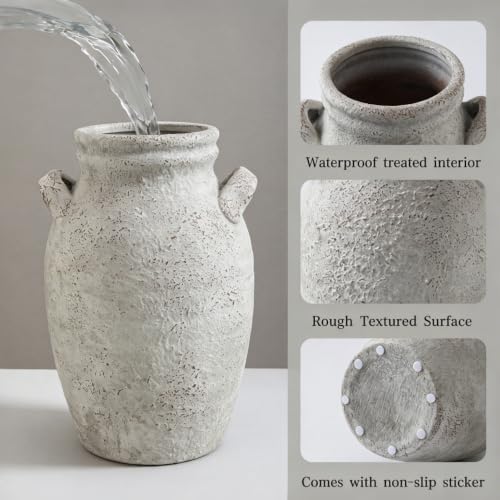 Enra Gray Textured Ceramic Vase with Handles, 9.76" Rustic Farmhouse Decor - color: Farmhouse-9.76 in