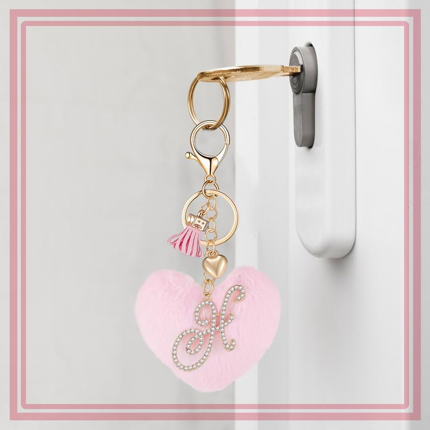 Initial Letter Heart Pom Pom Keychain for Women Pink Soft Fluffy Ball Key Ring for Purse Backpack Handbag - color: H