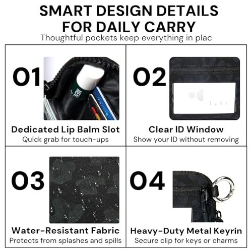 Wristlet Wallet for Women with Clear ID Window, Zip Coin Purse and Keychain - color: Black Leopard