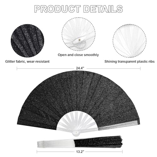 EOSAU 13" Glitter Folding Hand Fans Foldable Clacking Fans for Women Silver - color: 13" Black 04