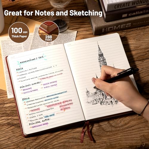 CAGIE Compass Leather Journal for Men Women, A5 Lined Notebook Writing Gift - color: Wine Red