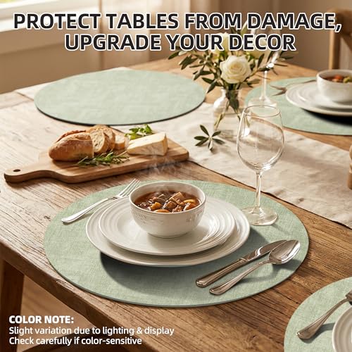 Placemats Set of 6, 15 Inch Round Faux Leather Place Mats - color: R-sage Green