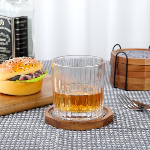 Wood Coasters for Drinks Absorbent with Lip, 4.3 Inch Acacia Wood Grey Felt Coaster with Holder for Wooden Coffee Table for Cups, Mugs, and Glasses - Set of 6 - color: Grey Felt