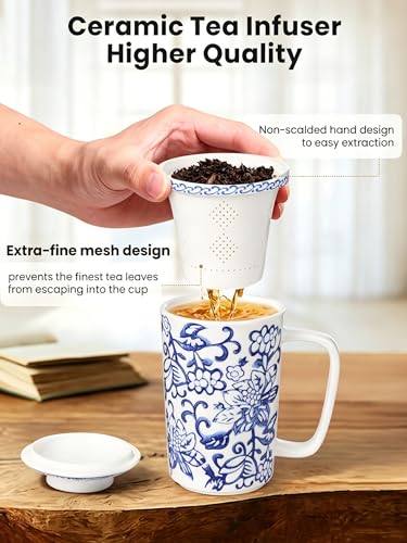 Ceramic Tea Mug with Infuser and Lid,16oz Porcelain Loose Leaf Tea Cup with Large Handle,Metal-Free Filter,Microwave &Dishwasher Safe,Perfect for Tea,Coffee (Classic Blue and White) - color: Classic Blue and White