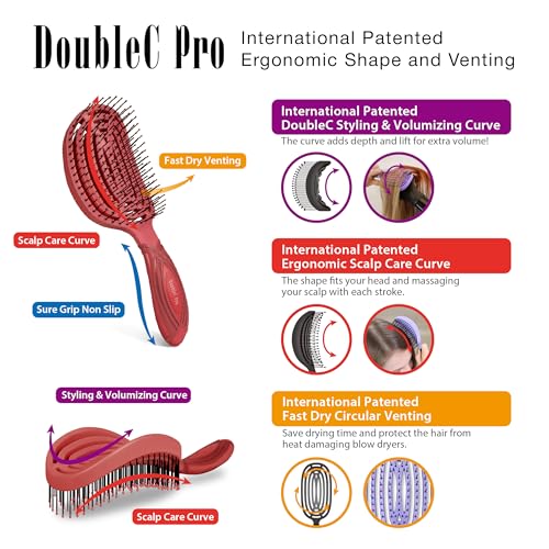 NuWay® DoubleC PRO® Patented Scalp Care Hair Brush – Double Curve Design for Scalp Massage, Professional Blow-Dry Styling, Wet & Dry Hair, All Hair Types (Red) - color: Red
