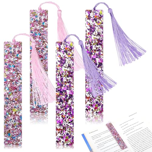 4Pcs Colorful Sequined Bookmarks with Tassel, Resin Bookmarks
