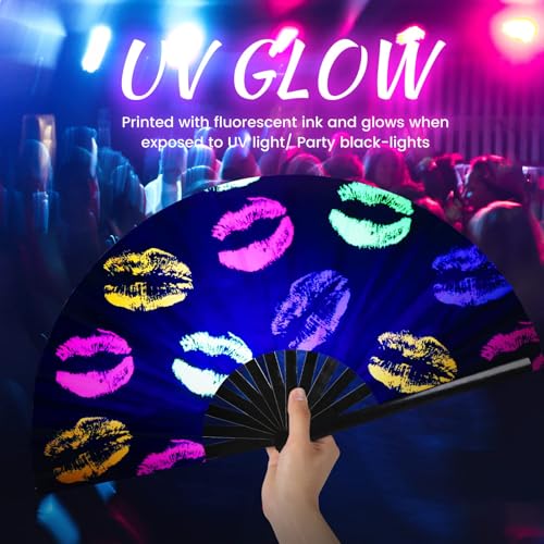 SYNTECSO Folding Hand Fan for Rave, UV Glow Clack Fan - color: Flaming Lips