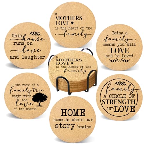 Coasters for Drinks with Holder Set of 6, Family Coasters Home&Love Coaster for New Home Couples House Warming Gifts Absorbent Cork Wood for Cup Desk Coffee Table Office Kitchen Decor, Round 4" - color: Home&love