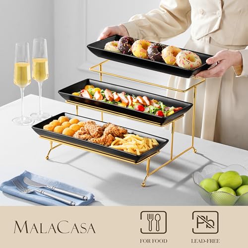 MALACASA 3 Tier Serving Trays for Party, 14 Inch Porcelain Black Trays for Serving Food, Dessert Stand with Collapsible Gold Metal Rack - color: Black Gold, size: 14 Inch