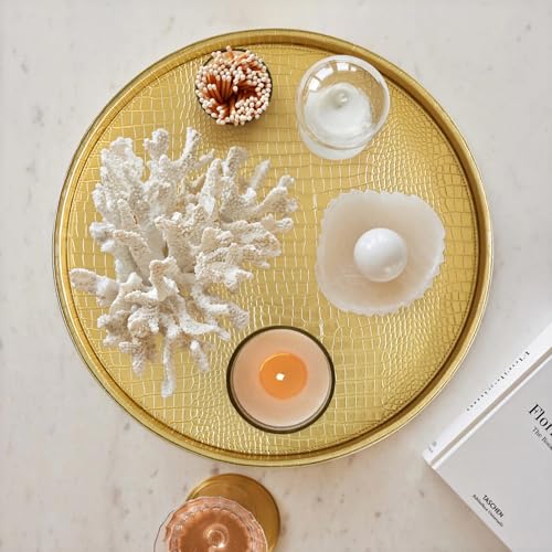 HofferRuffer Round Serving Tray 20'', Elegant Faux Leather Circle Ottoman Table Tray, Serve Tea Coffee Breakfast in Bedroom Living Room Kitchen (Gold, 20") - color: Gold, size: 20"