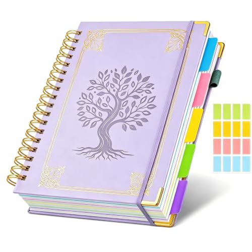 Hardcover Spiral Notebook Journal with Removable Dividers Tabs, 5 Subject Notebooks for Work School, 300 pages 8"x10" B5 leather Journal College Ruled, Cute Journal for women, Purple - color: Purple