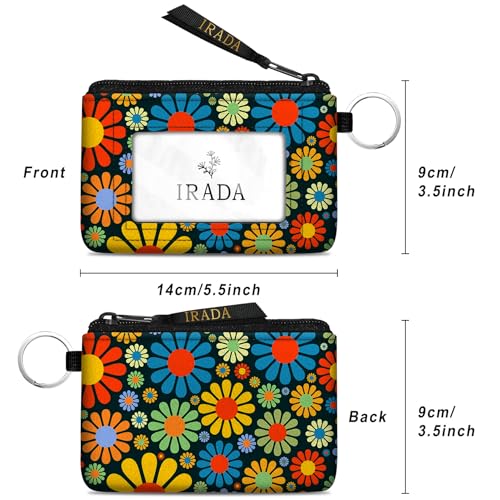 IRADA ID Case Wallet Keychain with Clear ID Window Zipper Cute Coin Purse for Women Water Resistant Small Coin Pouch-Hippie Flower Keychain Wallet - color: Hippie Flower-Keychain Wallet