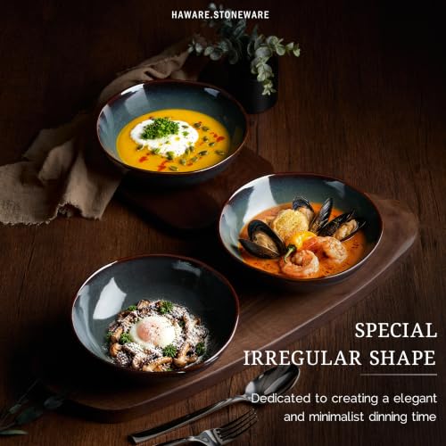 HaWare Cereal Bowls, 26oz Stoneware Serving Bowls Set of 4, for Salad Pasta - color: Reactive Moss Green