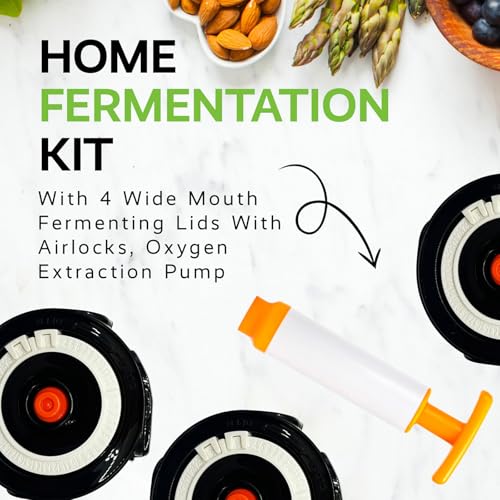 Home Fermentation Kit With 4 Wide Mouth Fermenting Lids With Airlocks, Oxygen Extraction Pump, Ideal For Sauerkraut, Kimchi, Pickles & Fermented Vegetable - color: black