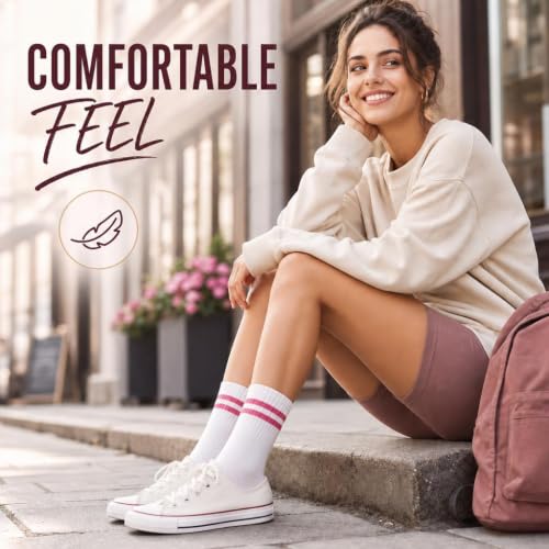 Forever Bambe Mini Crew Socks for Women 4-Pack Cushioned Bottom Retro Striped Socks - Athletic Women's Short Calf Sock - color: 2 - Pink